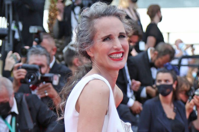 Andie Macdowell arrives on the red carpet before the screening of "Tout s'est bien passe (All Went Well)" at the 74th annual Cannes International Film Festival in 2021. File Photo by David Silpa/UPI