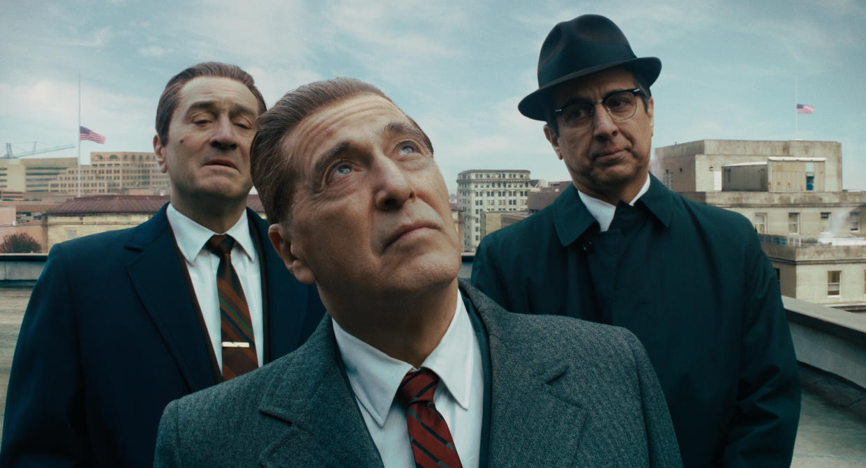 (Left to right) Robert De Niro as Frank Sheeran, Al Pacino as Jimmy Hoffa and Ray Romano as Bill Bufalino in The Irishman. (PHOTO: Netflix)