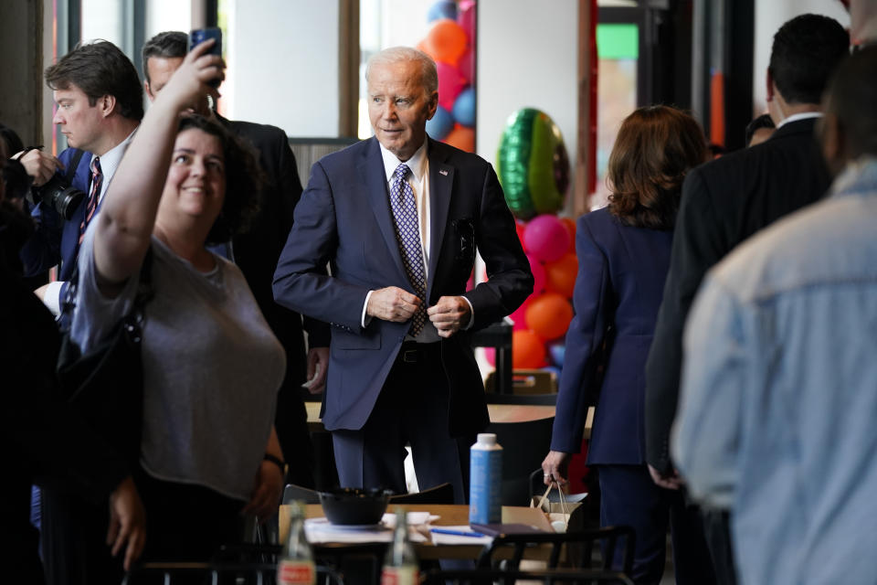 President Joe Biden prepares to leave Taqueria Habanero restaurant after picking up an order on Friday, May 5, 2023, in Washington. (AP Photo/Evan Vucci)
