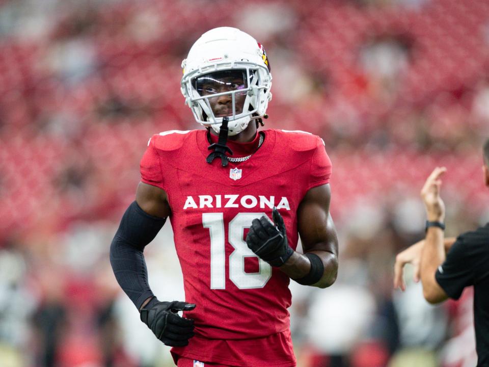 Arizona Cardinals wide receiver Marvin Harrison Jr. (18) warms up before a preseason game on Aug. 10, 2024 at State Farm Stadium in Glendale.