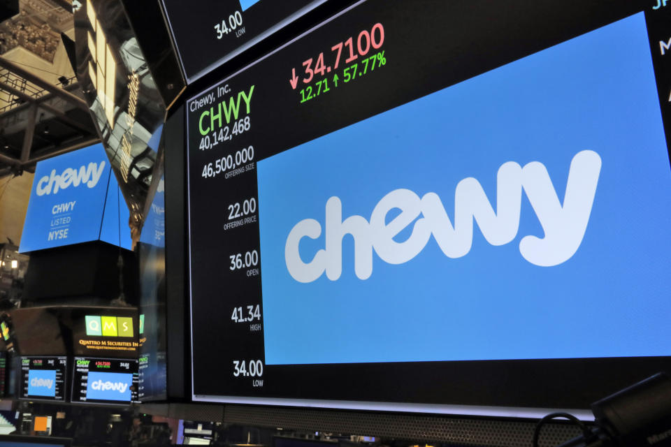 The logo for Chewy appears above trading posts on the floor of the New York Stock Exchange, Friday, June 14, 2019. Chewy, the online seller of pet food and squeaky toys, went public Friday and its shares soared 71%. (AP Photo/Richard Drew)