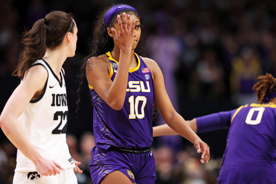 Angel Reese #10 of the LSU Lady Tigers reacts towards Caitlin Clark #22  (Maddie Meyer / Getty Images)