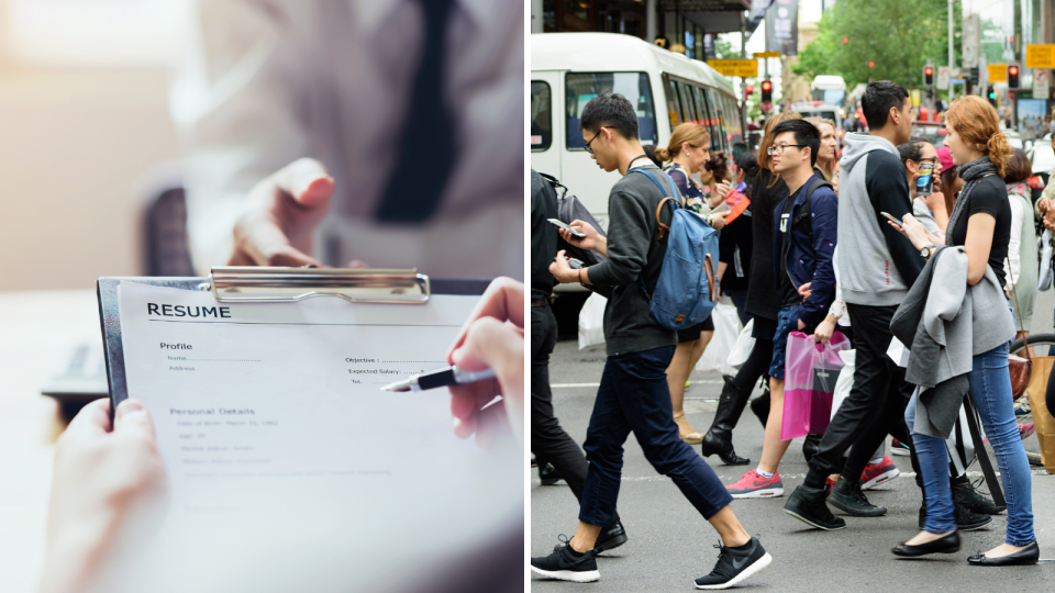 Composite image of a job interviewer looking at a resume, and pedestrians crossing the street.