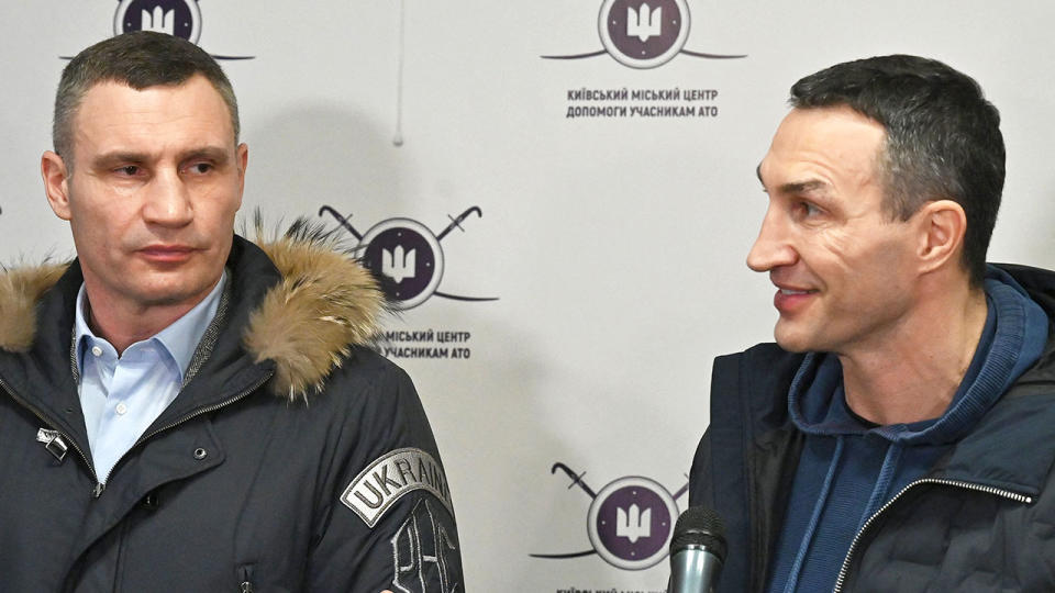 From left to right, Kyiv mayor Vitali Klitschko and his brother Wladimir speak to the press about Russia's act of aggression in Ukraine.