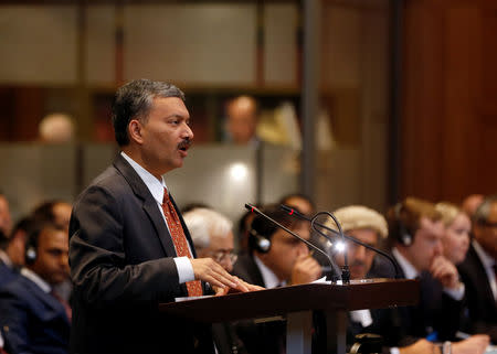 Deepak Mittal, joint secretary of Indian Ministry of External Affairs, speaks at the International Court of Justice during the final hearing of the Kulbhushan Jadhav case in The Hague, the Netherlands, February 18, 2019. REUTERS/Eva Plevier