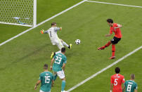 <p>South Korea’s Kim Young-gwon scores the opening goal to put South Korea 1-0 up over Germany </p>