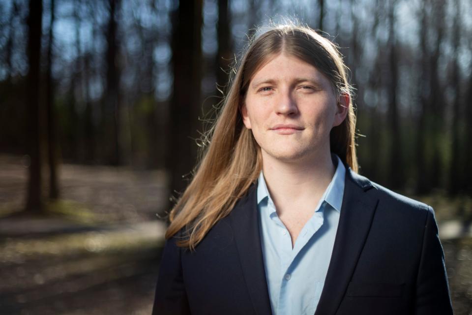 Noah Nordstrom, a Spanish teacher at Overton High School who is running against Republican State Rep. Mark White, poses for a portrait at Howard McVay Park in Germantown, Tenn., on Friday, February 23, 2024.