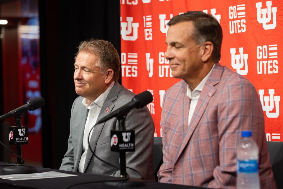 University of Utah President Taylor Randall, left, and athletic director Mark Harlan speak at a press conference regarding Utah’s move to the Big 12 Conference at Rice-Eccles Stadium in Salt Lake City on Monday, Aug. 7, 2023. | Megan Nielsen, Deseret News