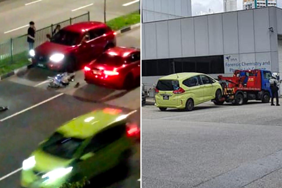 A yellow car (left) caught on video leaving the accident scene on 5 January and a similar vehicle (right) seen being towed to the HSA's Forensic Chemistry and Physics Lab Garage. (PHOTOS: Video screengrab, Singapore Road Vigilante Facebook page)