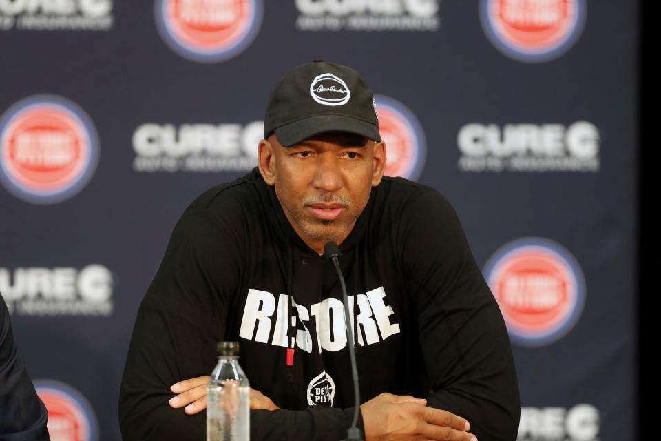 Detroit Pistons head coach Monty Williams answers a question about draft picks Ausar Thompson and Marcus Sasser during their introductory news conference at the Henry Ford Detroit Pistons Performance Center, Friday, June 23, 2023.