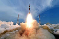 <p>A photo provided by the Indian Space Research Organization (ISRO) shows the fully integrated PSLV-C35 taking off from the launch pad at Sriharikota’s Satish Dhawan Space Centre in Andhra Pradesh, India, on September 26, 2016. ISRO successfully put into orbit its own weather satellite SCATSAT-1 and seven others, including five foreign ones, according to media reports. (EPA)</p>