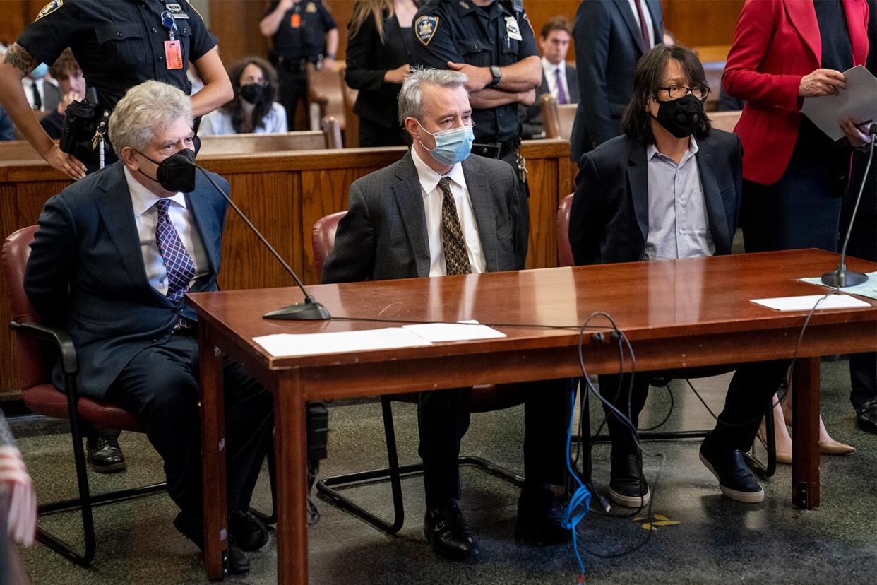 From left, Glenn Horowitz, Craig Inciardi, and Edward Kosinski appear in criminal court after being indicted for conspiracy involving handwritten notes from the famous Eagles album "Hotel California," Tuesday, July 12, 2022, in New York.