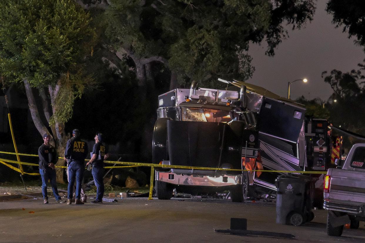 The remains of an armored Los Angeles Police Department tractor-trailer are seen after fireworks exploded Wednesday evening, June 30, 2021. (AP)