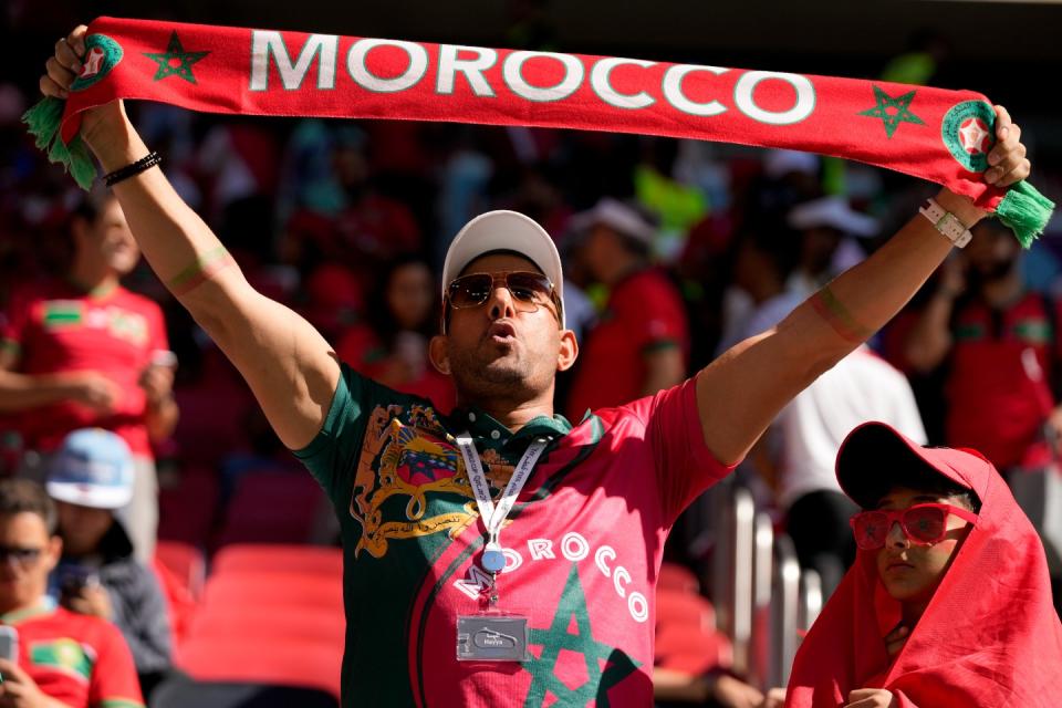 A Morocco supporter looks on prior to the World Cup group F football match between Morocco and Croatia, at the Al Bayt Stadium in Al Khor, Qatar, Wednesday, Nov. 23, 2022. (AP Photo/Themba Hadebe)