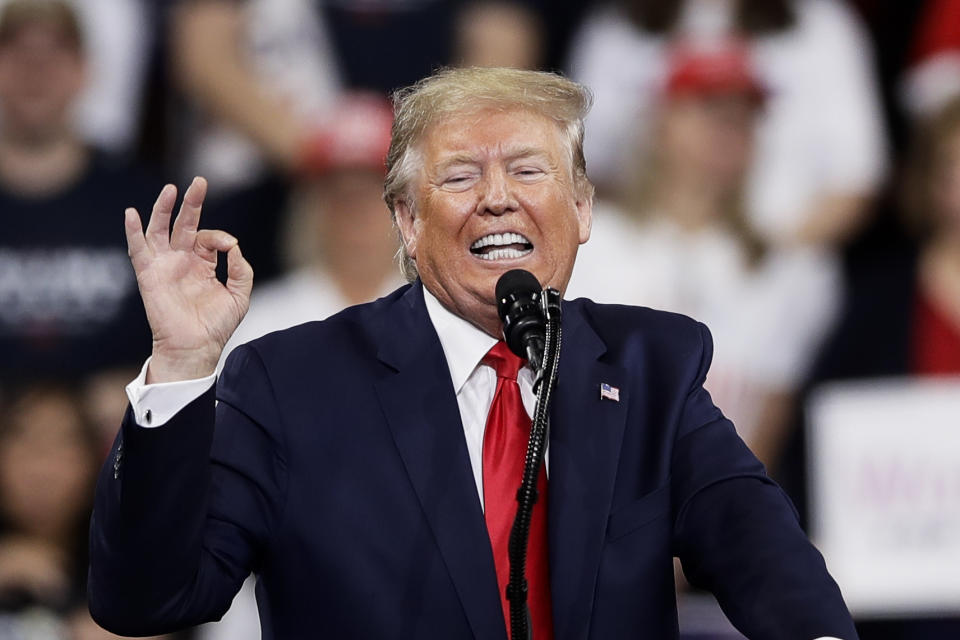 President Donald Trump speaks during a campaign rally in Hershey, Pa., Tuesday, Dec. 10, 2019. (AP Photo/Matt Rourke)