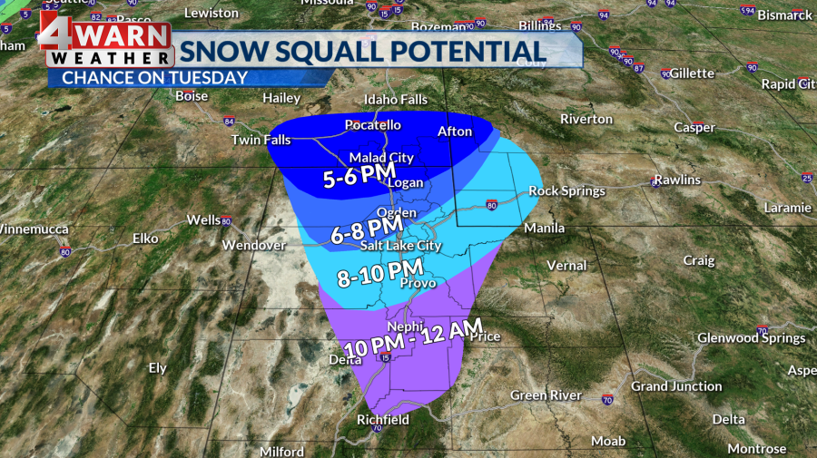 A look at the snow squall potential Tuesday night across northern Utah.