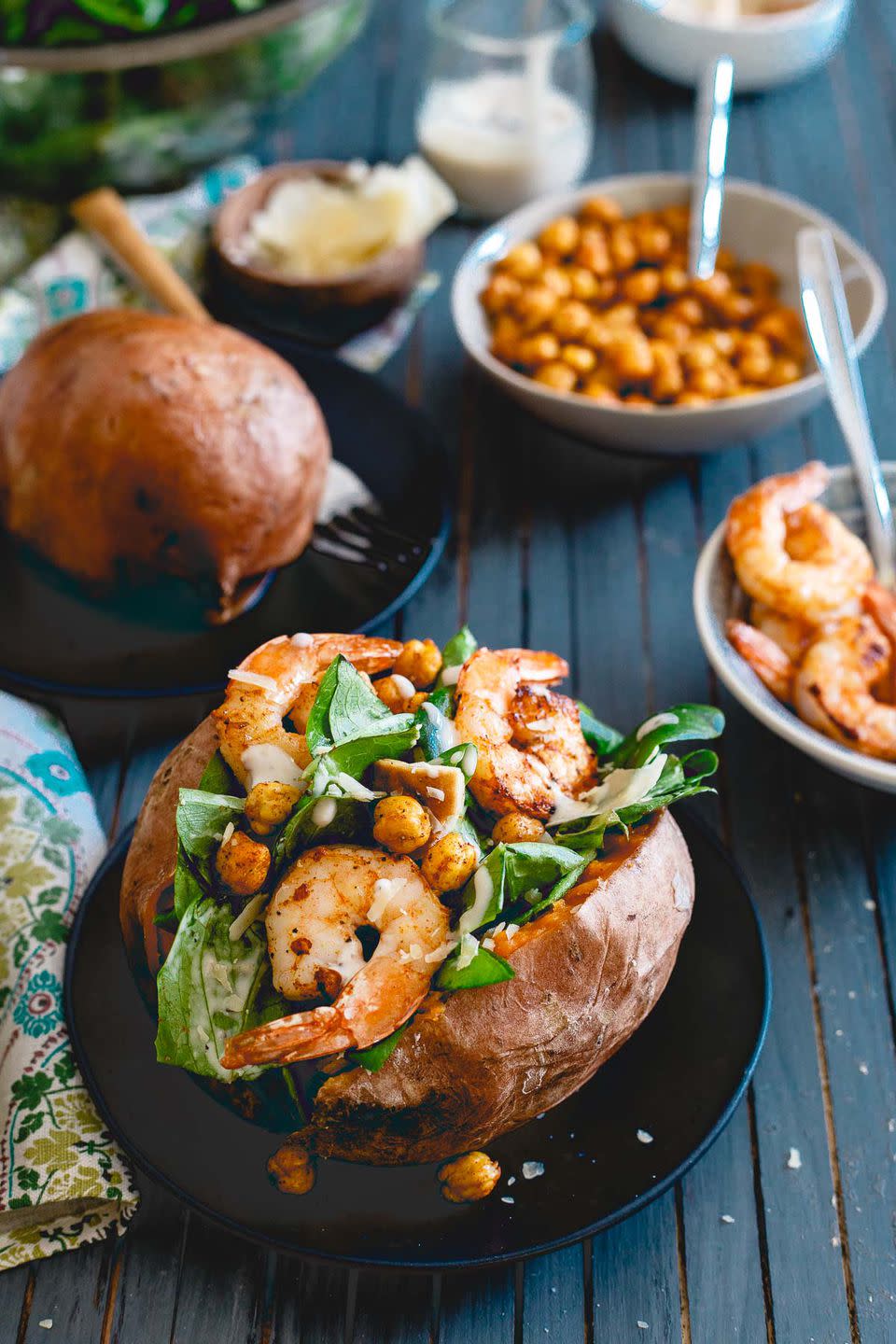 Shrimp Caesar Salad Stuffed Sweet Potatoes