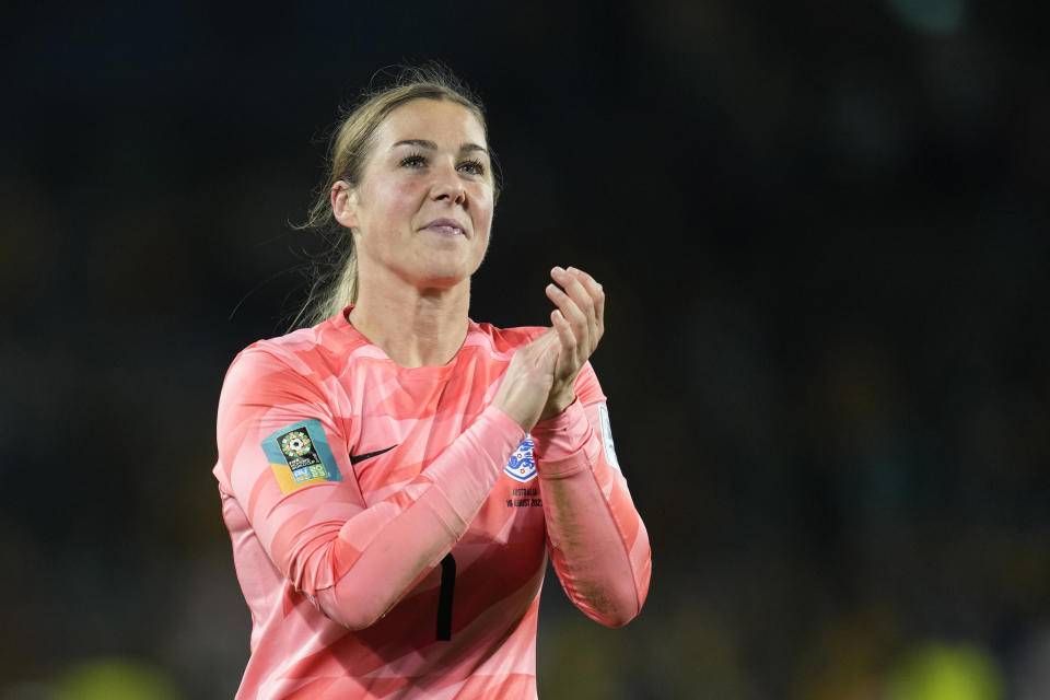 FILE - England's goalkeeper Mary Earps celebrates after the Women's World Cup semifinal soccer match between Australia and England at Stadium Australia in Sydney, Australia, Wednesday, Aug. 16, 2023. Singer Shirley Bassey, director Ridley Scott and England goalkeeper Mary Earps were recognized Friday, Dec. 29, 2023 in the U.K.’s New Year Honors list, which celebrates the achievements and services of more than 1,000 people across the country. Other well-known names on the list include “The Great British Bake Off” judge Paul Hollywood, “Game of Thrones” actor Emilia Clarke, and Justin Welby, the Archbishop of Canterbury. (AP Photo/Abbie Parr, File)