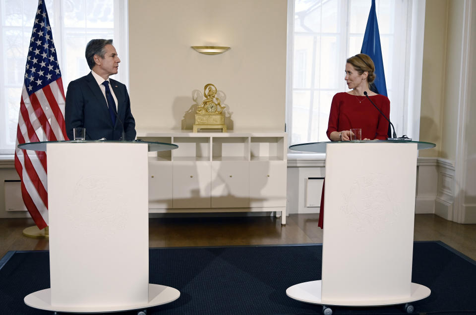 U.S. Secretary of State Antony Blinken, left, and Estonian Prime Minister Kaja Kallas give a press conference on the occasion of their meeting, in Tallinn, Estonia, on Tuesday, March 8, 2022. Blinken was meeting with senior Estonian officials in Tallinn on Tuesday, a day after hearing appeals from both Lithuania and Latvia for more support and greater U.S. and NATO troop presence to deter a feared Russian intervention. (Olivier Douliery/Pool Photo via AP)