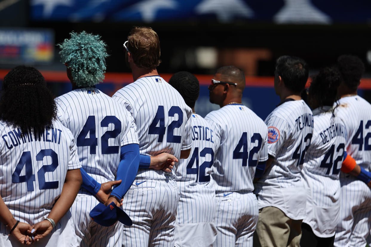 NEW YORK, NEW YORK - APRIL 15:  Francisco Lindor and Pete Alonso of the New York Mets wear #42 during the Mets home opening game at Citi Field on April 15, 2022 in New York City.  All players are wearing the number 42 in honor of Jackie Robinson Day.  (Photo by Al Bello/Getty Images)