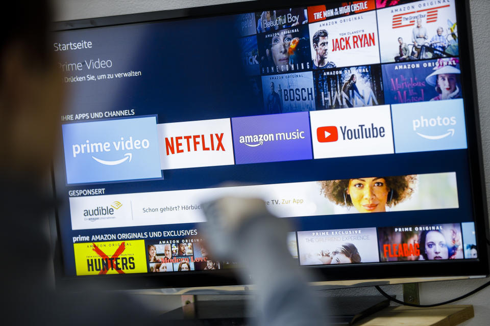 BERLIN, GERMANY - FEBRUARY 21: Symbol photo: The logos of the streaming services Amazon Prime Video, Netflix, amazon music and youtube can be seen on a television on February 21, 2020 in Berlin, Germany. (Photo by Thomas Trutschel/Photothek via Getty Images)