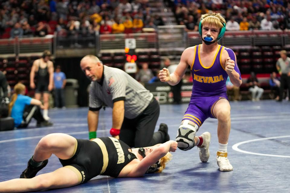 Nevada's Urijah Courter defeated Glenwood's Brody Black  during the 2A second round at 106 pounds on Wednesday, Feb. 14, 2024, at Wells Fargo Arena.