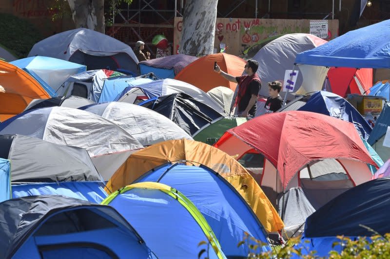 A pro-Palestinian encampment is seen cordoned off by stanchions on the UCLA campus on Sunday. Police moved in to dismantle the encampments Thursday morning. Photo by Jim Ruymen/UPI
