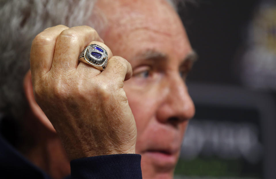 The ring on Hall of Fame driver and FOX television announcer Darrell Waltrip is seen as he speaks to the media during a press conference announcing his retirement from the booth before practice for a NASCAR Cup Series auto race, Friday, April 5, 2019, in Bristol, Tenn. (AP Photo/Wade Payne)