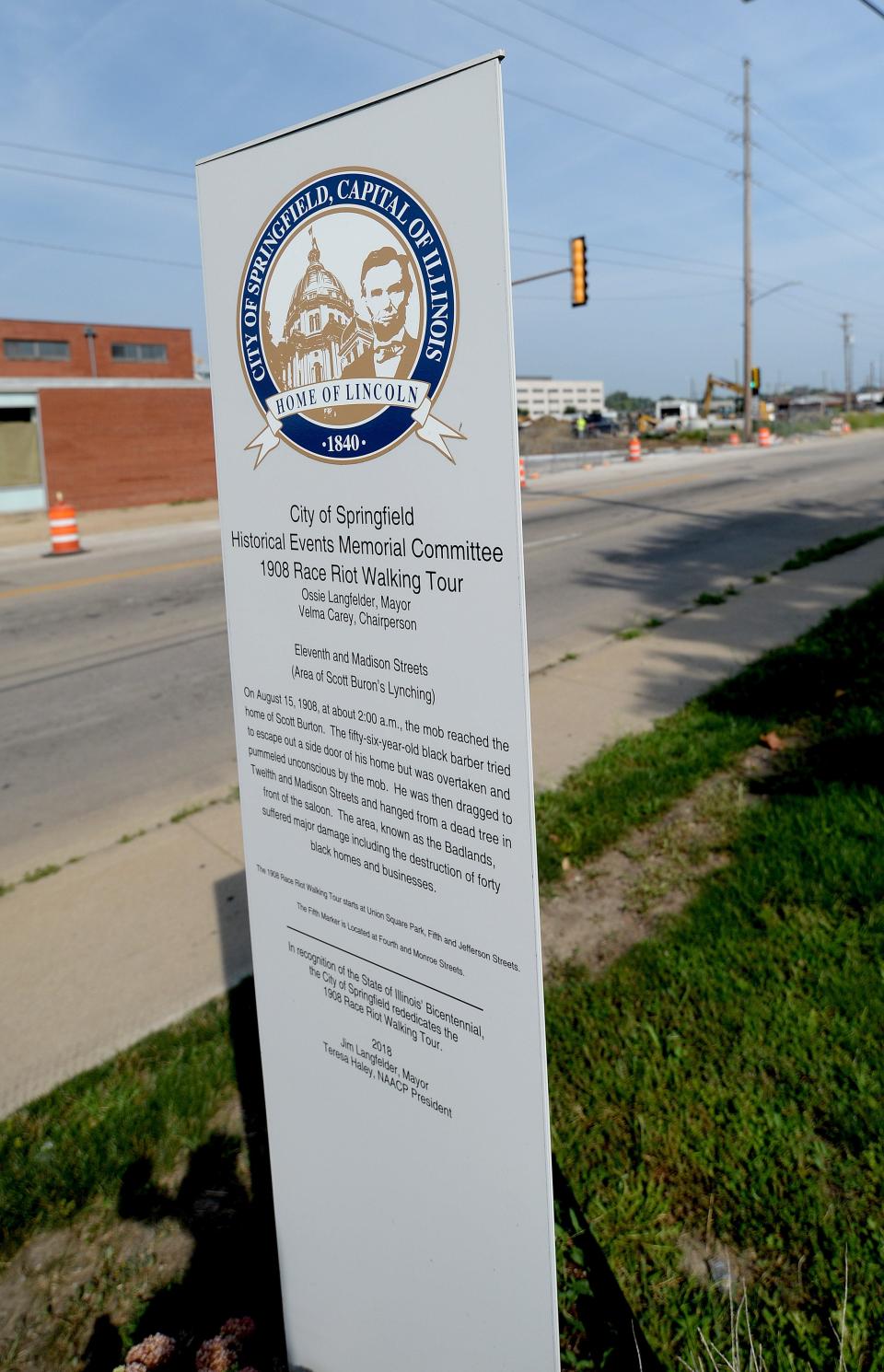 Historic marker for Springfield Race Riot near the corner of 11th Street and Madison Wednesday, August 23, 2023.  