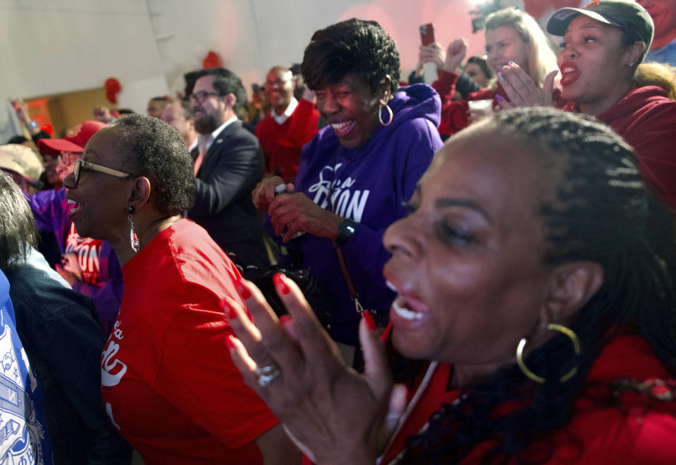 Supporters of Baltimore mayoral candidate Sheila Dixon cheer during a Democratic primary election night watch party, Tuesday, May 14, 2024, in Baltimore. (Kaitlin Newman/The Baltimore Banner via AP)