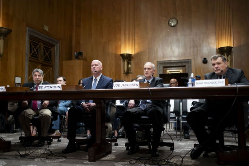 Boeing quality engineer Sam Salehpour; executive director of The Foundation for Aviation Safety and former Boeing manager Ed Pierson; aerospace engineer and technical advisor to The Foundation for Aviation Safety and former FAA engineer Joe Jacobsen; and professional practice assistant professor of integrated systems engineering at Ohio State University Shawn Pruchnicki attend the Senate Homeland Security and Governmental Affairs Subcommittee on Investigations hearing into Boeing's safety standards at the U.S. Capitol Wednesday. Photo by Bonnie Cash/UPI