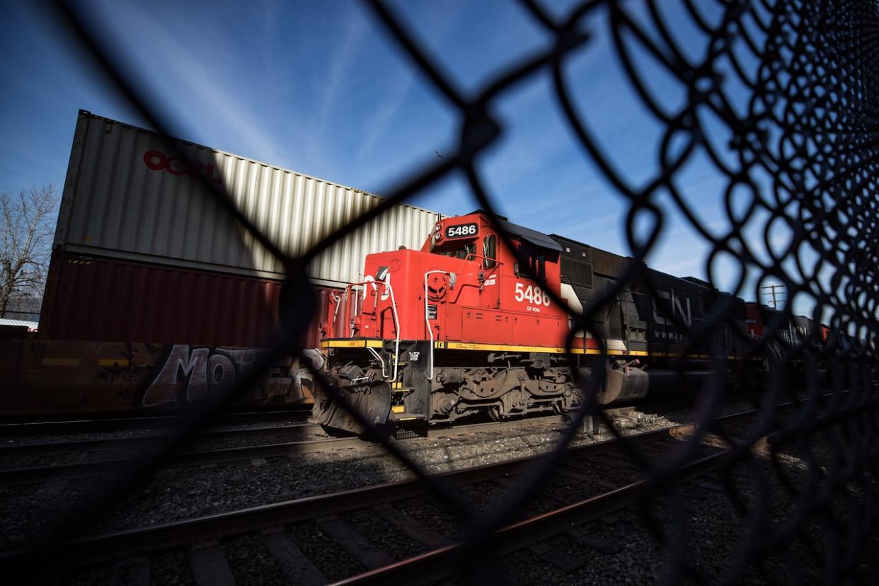 A train can be seen in a file photo. The Transportation Safety Board is investigating a train derailment that happened yesterday near Biggar. (Darryl Dyck/The Canadian Press - image credit)