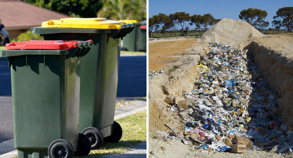 A split photo shows (left) a red and yellow bin and (right) rubbish in landfill. 