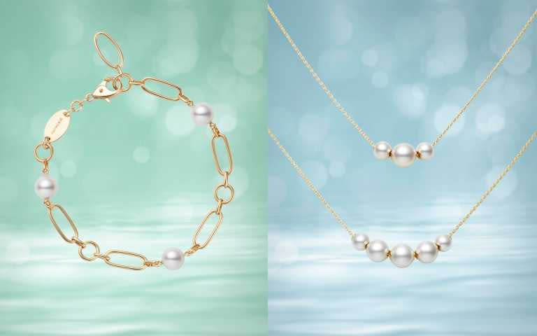 (左)Mikimoto M Code 系列珍珠手鍊 18K 黃金搭配日本 Akoya 珍珠(珍珠直徑：6.50-6.75mm) /53,000元。(右)Mikimoto Jewels in Motion 系列珍珠墜鍊 18K 黃金鍊結，搭配日本 Akoya 珍珠(尺寸約 5.50-7.50mm)， 三顆珍珠款式/44,000元；五顆珍珠款式/56,000元（圖／品牌提供）