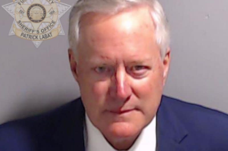 Mark Meadows is pictured in this photo provided by the Fulton County Sheriff's Office on Aug, 23, 2023, in Atlanta, GA. Meadows has been charged in Georgia for alleged attempts to overturn the results of the state's 2020 presidential election. File photo by Fulton County Sheriff's Office/UPI