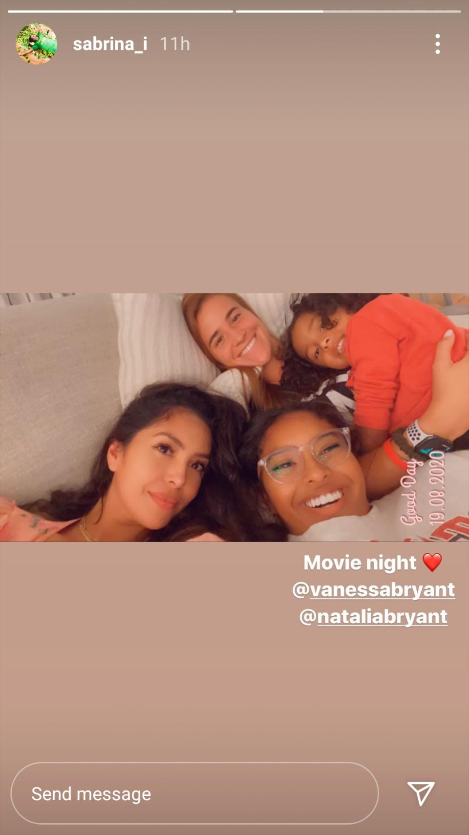 Sabrina Ionescu spent a movie night with the Bryant family. (Screenshot/Instagram)