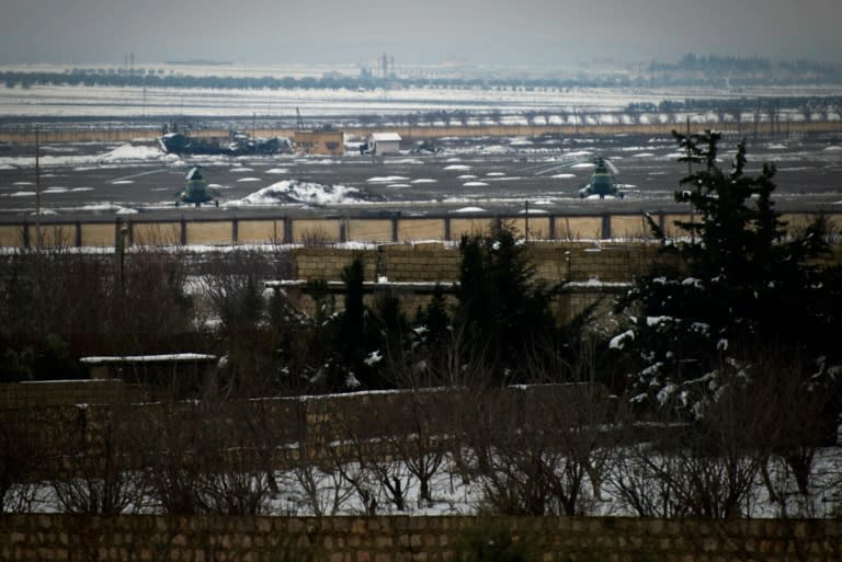 Syrian air force helicopters at the Minnigh military airbase outside Aleppo