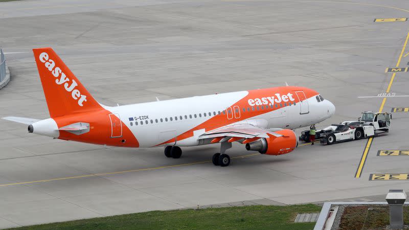 A Goldhofer pushback tractor of air services provider Swissport stands in front of an Easy Jet aircraft at Zurich Airport