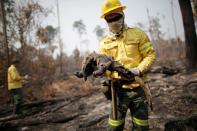 A Brazilian Institute for the Environment and Renewable Natural Resources (IBAMA) fire brigade member holds a dead anteater while attempting to control hot points in a tract of the Amazon jungle near Apui