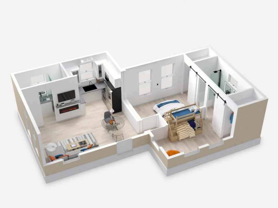 A rendering of the interior of the  two-bedroom Casita on a white background