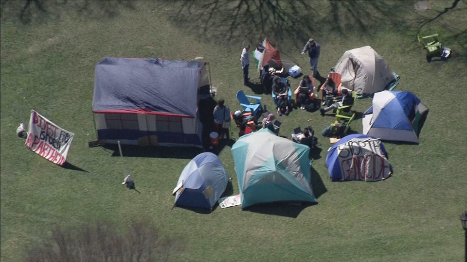 A pro-Palestinian camp set up at Tufts University on Monday, April 22, 2024. / Credit: CBS Boston