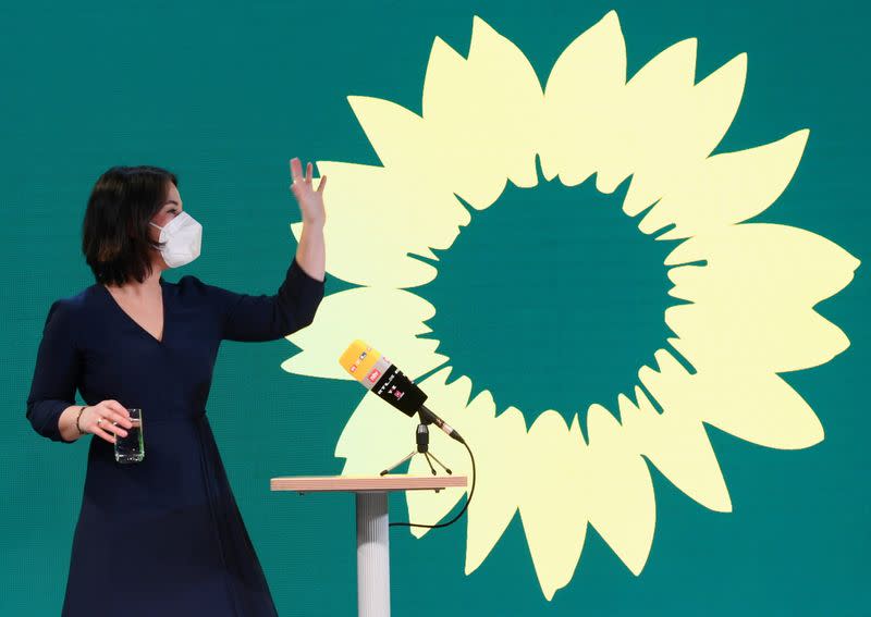 FILE PHOTO: Co-leader of Germany's Green party and designated candidate for chancellor Annalena Baerbock leaves after an interview, in Berlin