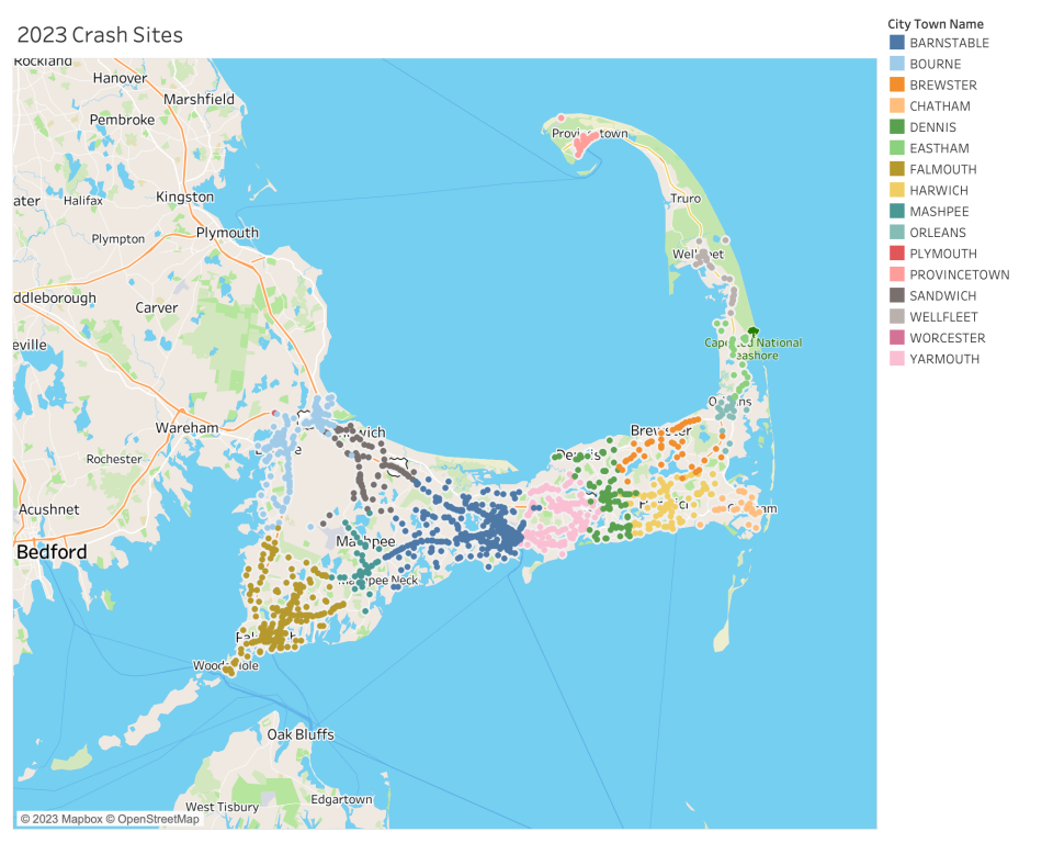 The sites of every crash on Cape Cod in 2023 as of July, according to Massachusetts Department of Transportation crash data.