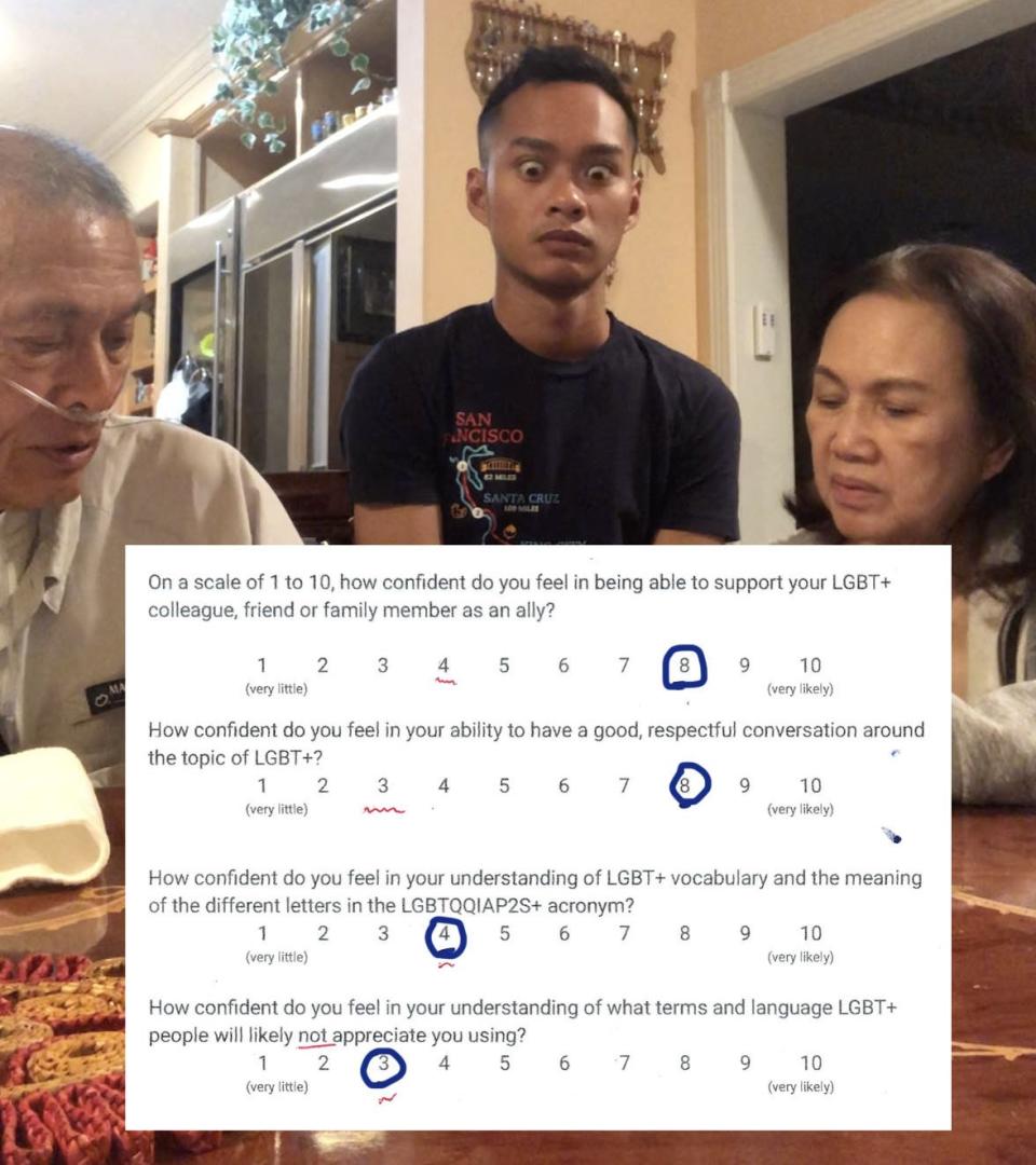 shocked author watches his parents fill out their pre-evaluation