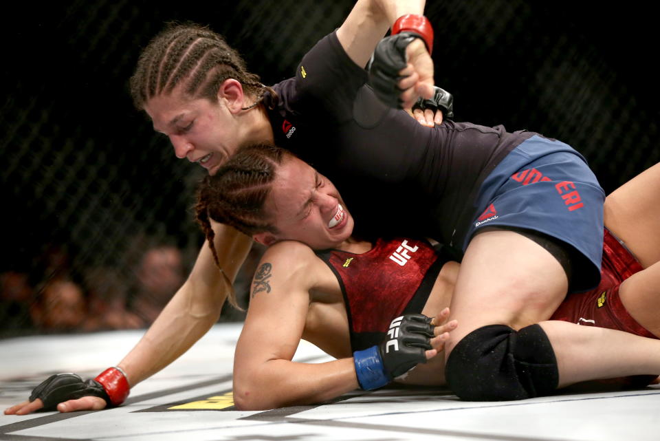 ST PETERSBURG, RUSSIA - APRIL 20, 2019: Kyrgyz mixed martial artist Antonina Shevchenko (L) and American mixed martial artist Roxanne Modafferi in their women's flyweight bout as part of the UFC Fight Night 149 at Yubileyny Sports Palace. Valery Sharifulin/TASS (Photo by Valery Sharifulin\TASS via Getty Images)