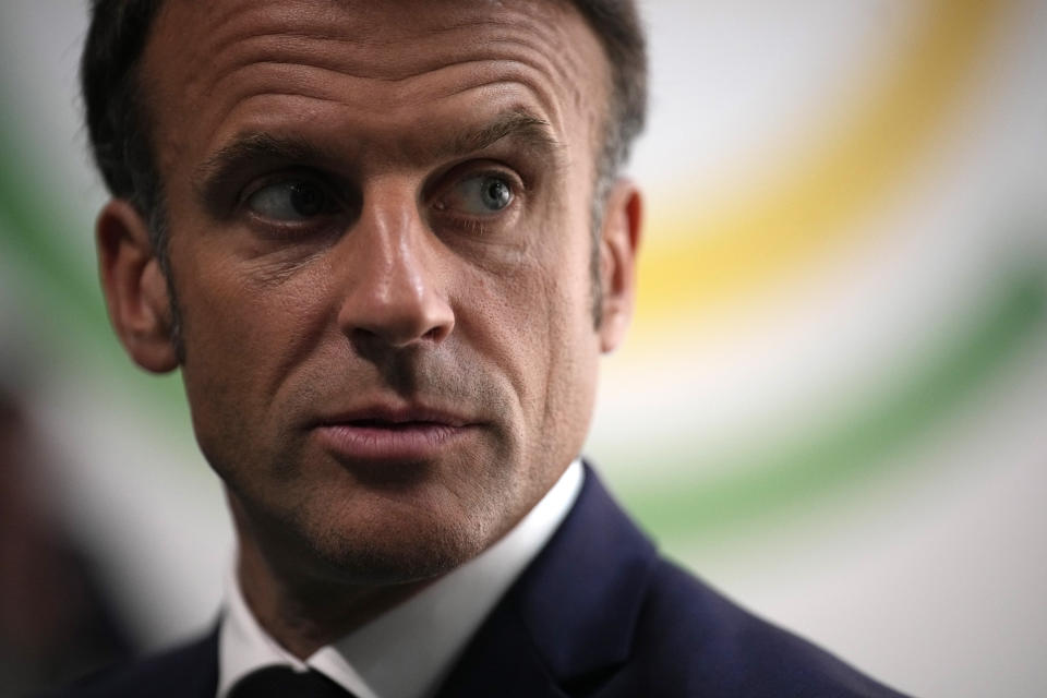 French President Emmanuel Macron arrives for a joint press conference with William Ruto, President of Kenya, Kristalina Georgieva, President ff the International Monetary Fund, U.S. Treasury Secretary Janet Yellen and World Bank President Ajay Banga at the end of the New Global Financial Pact Summit, Friday, June 23, 2023 in Paris.World leaders and finance bosses were set to release a "to-do list" to help developing countries better tackle climate change and poverty, a long-sought goal of the two-day summit in Paris that wraps up on Friday. (AP Photo/Lewis Joly, Pool)