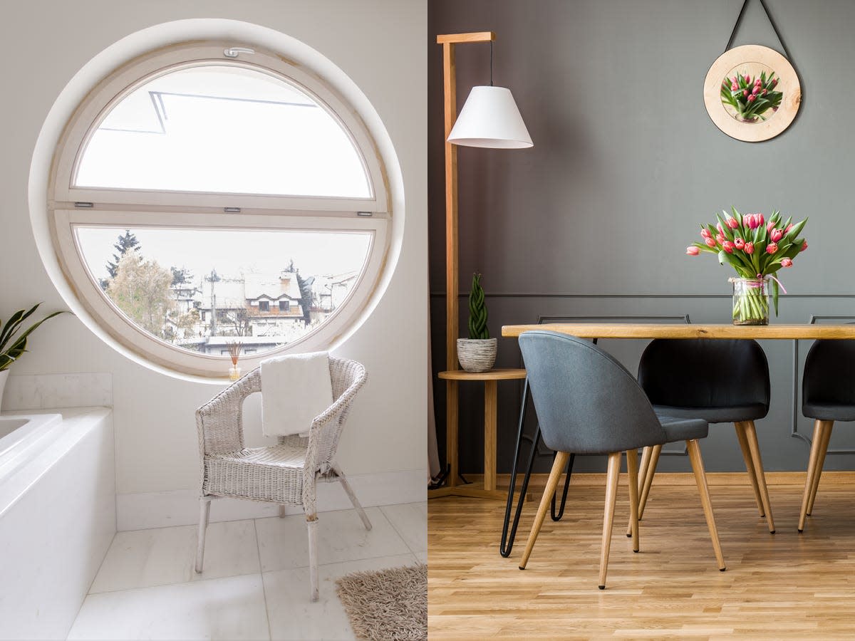 white bathroom with a big round window and a modern dining room with low-back chairs