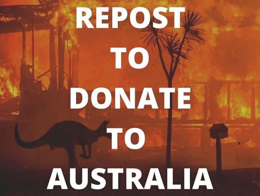 Anonymous scammers are capitalizing on people’s goodwill and feelings of powerlessness surrounding the devastation in Australia. (Photo: Instagram post)