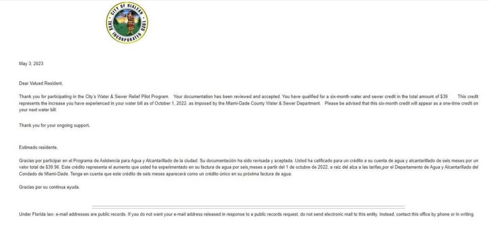 Una de las residentes de Hialeah beneficiadas con el programa de ayuda, para cubrir el aumento de las tarifas de agua, compartió con el Nuevo Herald el correo que le envió la ciudad informándole sobre su solicitud, otorgándole casi $40 en en un pago único.