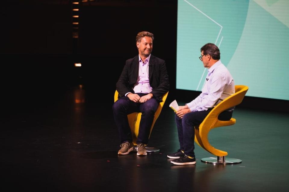 HotelTonight founder Sam Shank (left) spoke at Skift Global Forum in 2019. He left Airbnb November 17, 2022.  Skift